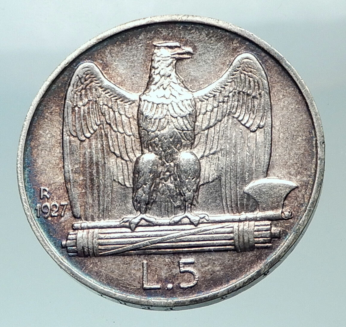 1927 ITALY King Victor Emmanuel III Silver 5 Lire Italian Coin w EAGLE i82057