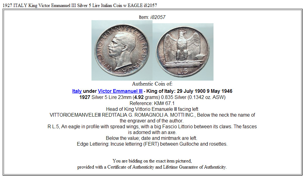 1927 ITALY King Victor Emmanuel III Silver 5 Lire Italian Coin w EAGLE i82057