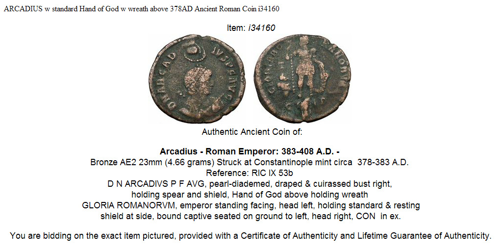 ARCADIUS w standard Hand of God w wreath above 378AD Ancient Roman Coin i34160