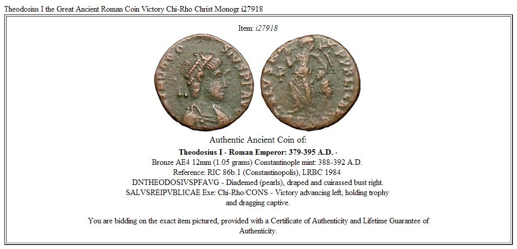 Theodosius I the Great Ancient Roman Coin Victory Chi-Rho Christ Monogr i27918