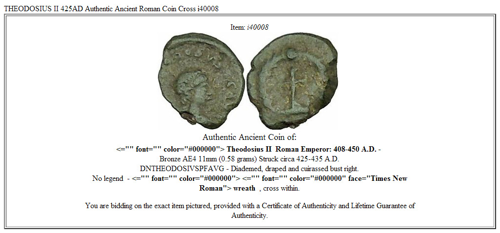 THEODOSIUS II 425AD Authentic Ancient Roman Coin Cross i40008