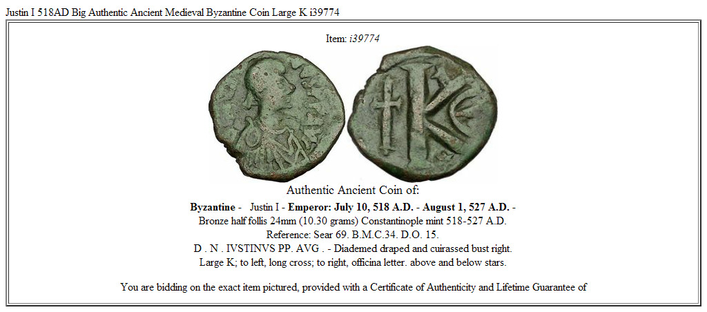 Justin I 518AD Big Authentic Ancient Medieval Byzantine Coin Large K i39774