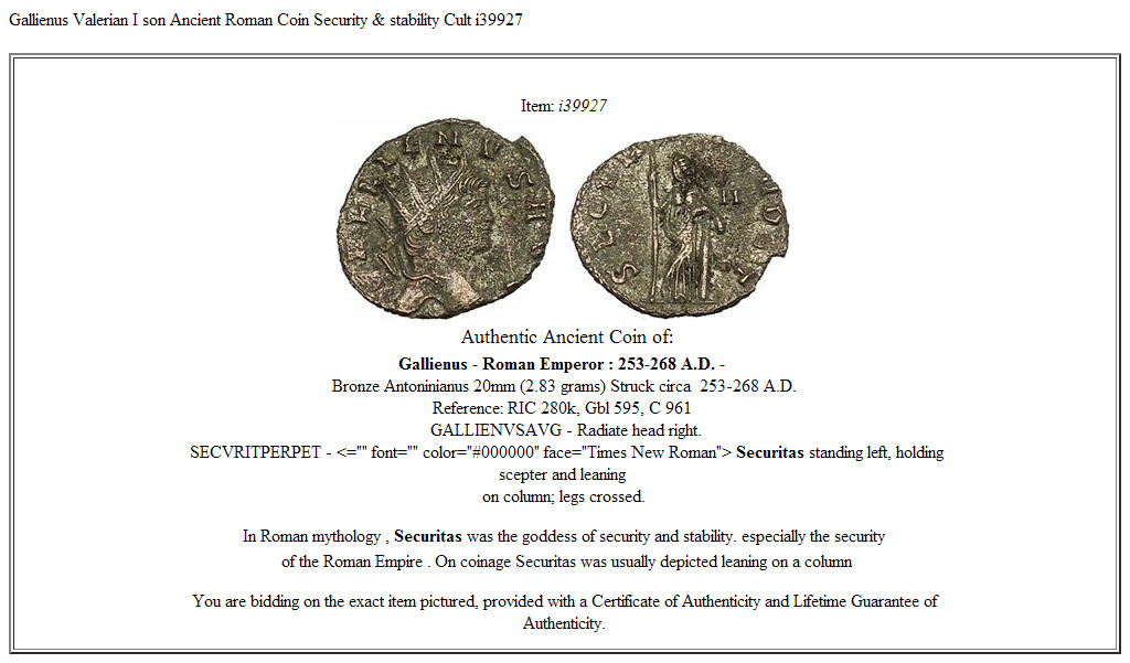 Gallienus Valerian I son Ancient Roman Coin Security & stability Cult i39927