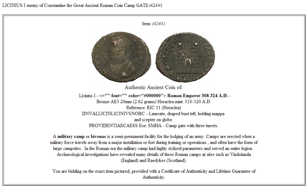 LICINIUS I enemy of Constantine the Great Ancient Roman Coin Camp GATE i42441