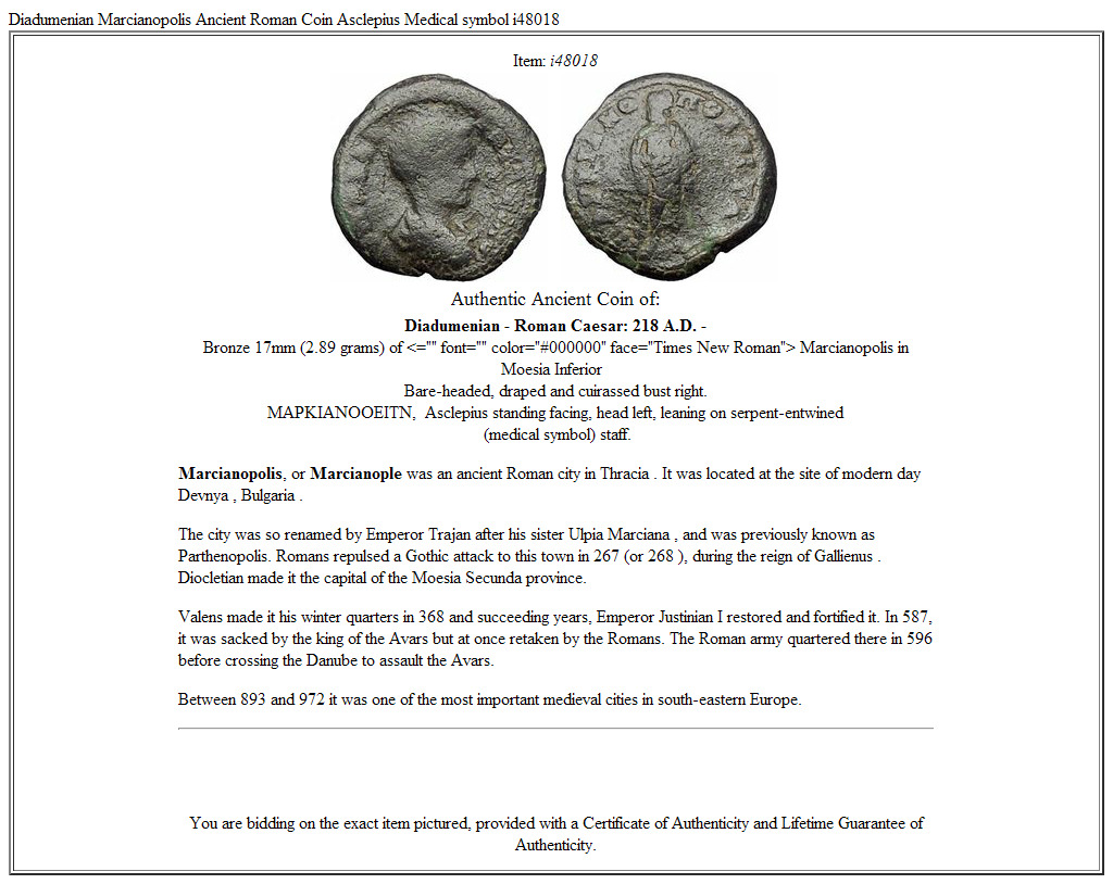 Diadumenian Marcianopolis Ancient Roman Coin Asclepius Medical symbol i48018