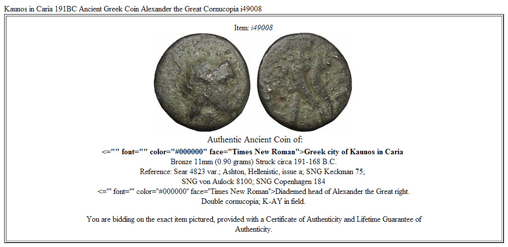 Kaunos in Caria 191BC Ancient Greek Coin Alexander the Great Cornucopia i49008