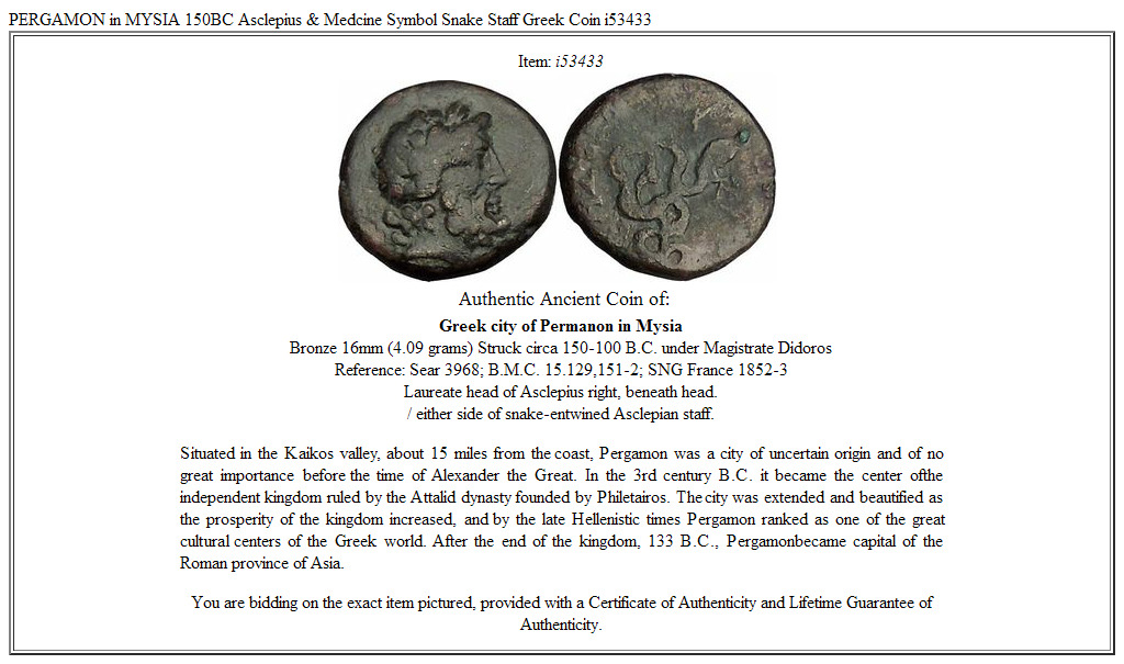 PERGAMON in MYSIA 150BC Asclepius & Medcine Symbol Snake Staff Greek Coin i53433