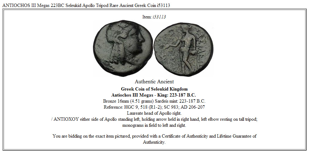 ANTIOCHOS III Megas 223BC Seleukid Apollo Tripod Rare Ancient Greek Coin i53113