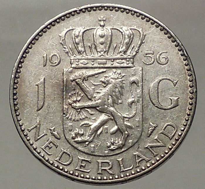 1956 Netherlands Kingdom Queen JULIANA 1 Gulden Authentic Silver Coin i57764