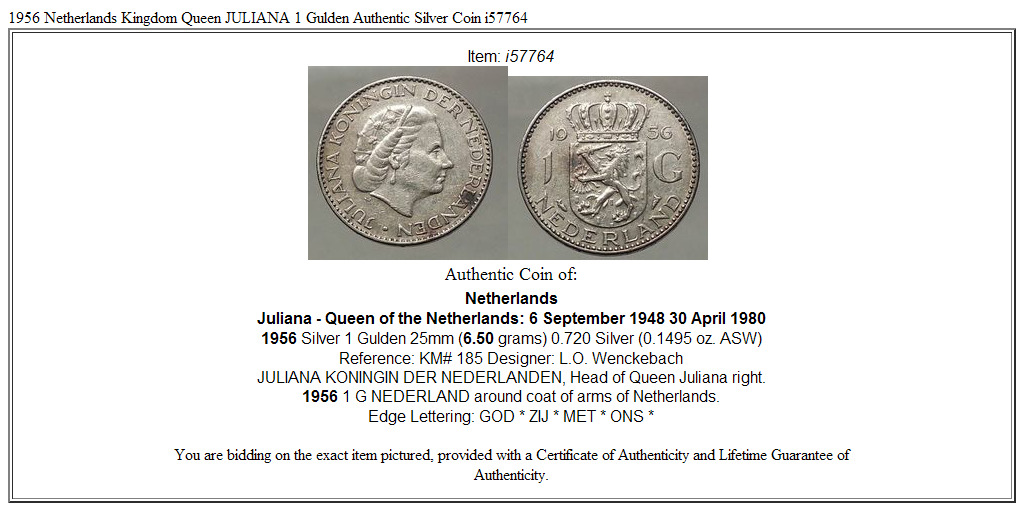 1956 Netherlands Kingdom Queen JULIANA 1 Gulden Authentic Silver Coin i57764