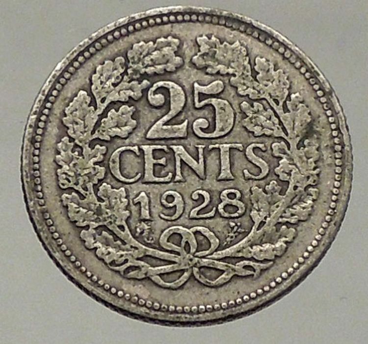 1928 Netherlands Queen WILHELMINA 25 Cents Wreath Authentic Silver Coin i57791
