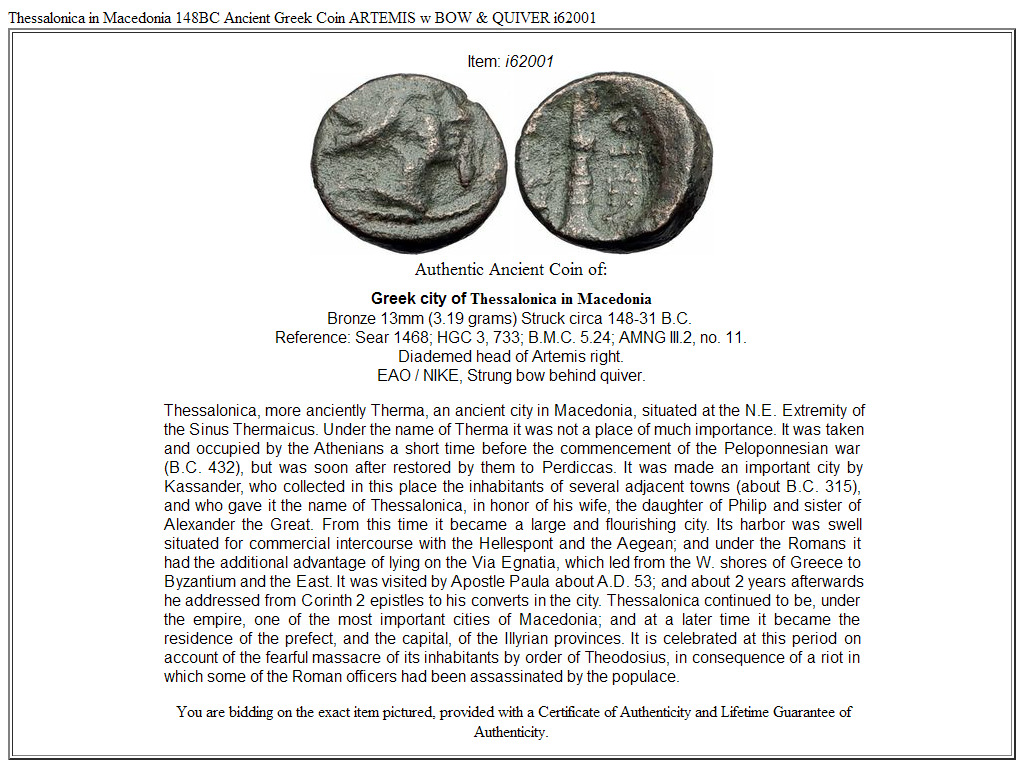 Thessalonica in Macedonia 148BC Ancient Greek Coin ARTEMIS w BOW & QUIVER i62001