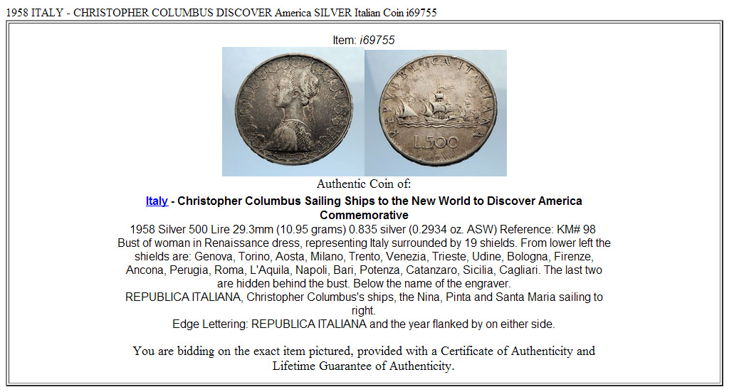 1958 ITALY - CHRISTOPHER COLUMBUS DISCOVER America SILVER Italian Coin i69755