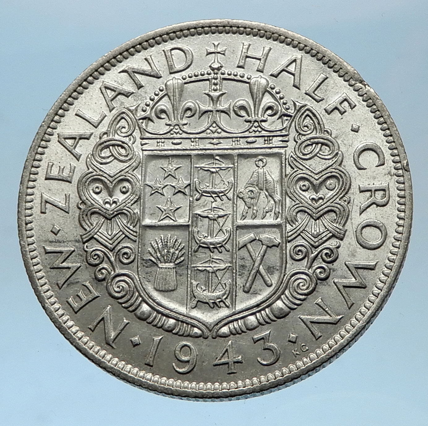 1943 NEW ZEALAND under UK King George VI Silver 1/2 Crown Coin Shield i68596