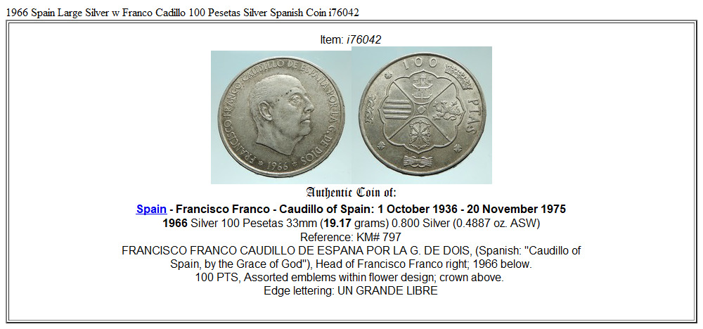 1966 Spain Large Silver w Franco Cadillo 100 Pesetas Silver Spanish Coin i76042