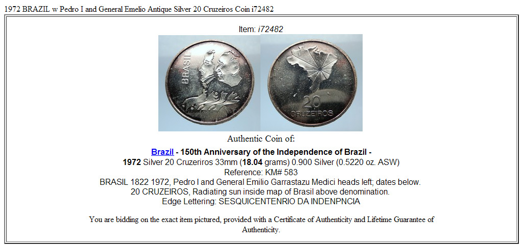 1972 BRAZIL w Pedro I and General Emelio Antique Silver 20 Cruzeiros Coin i72482