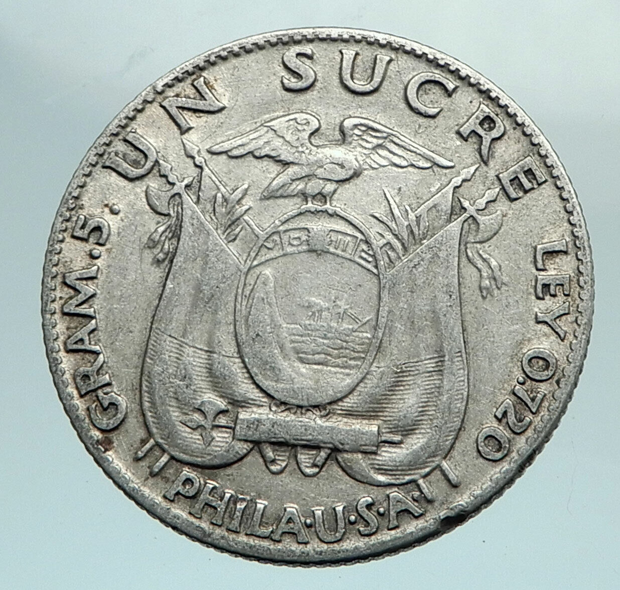 1934 ECUADOR Antonio Jose de Sucre y Alcala Antique Silver Un Sucre Coin i79628