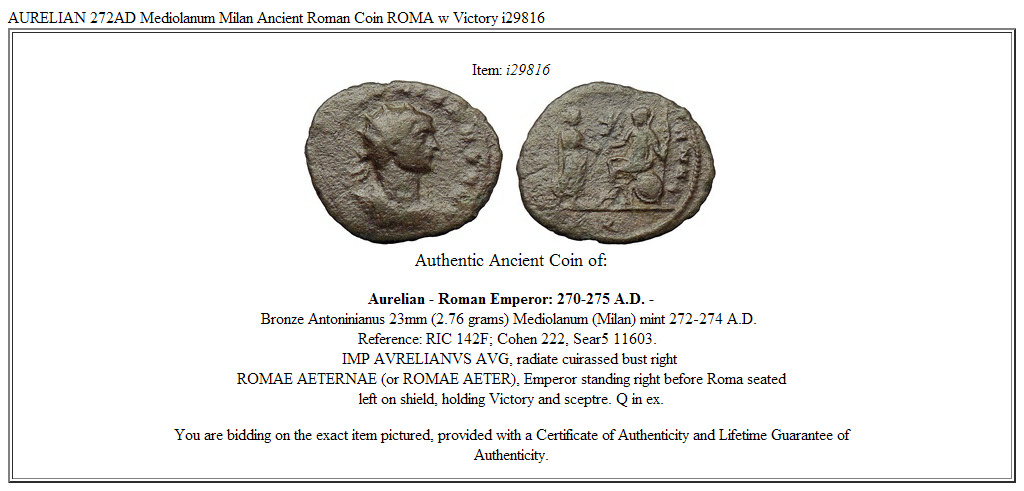 AURELIAN 272AD Mediolanum Milan Ancient Roman Coin ROMA w Victory i29816