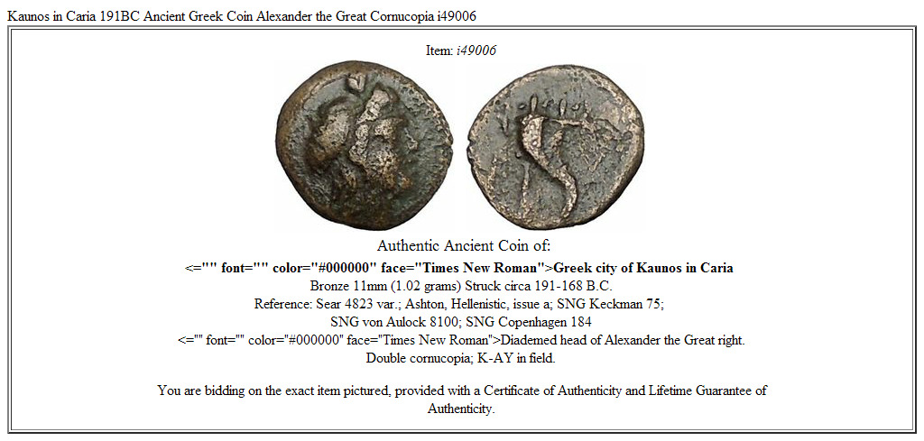 Kaunos in Caria 191BC Ancient Greek Coin Alexander the Great Cornucopia i49006