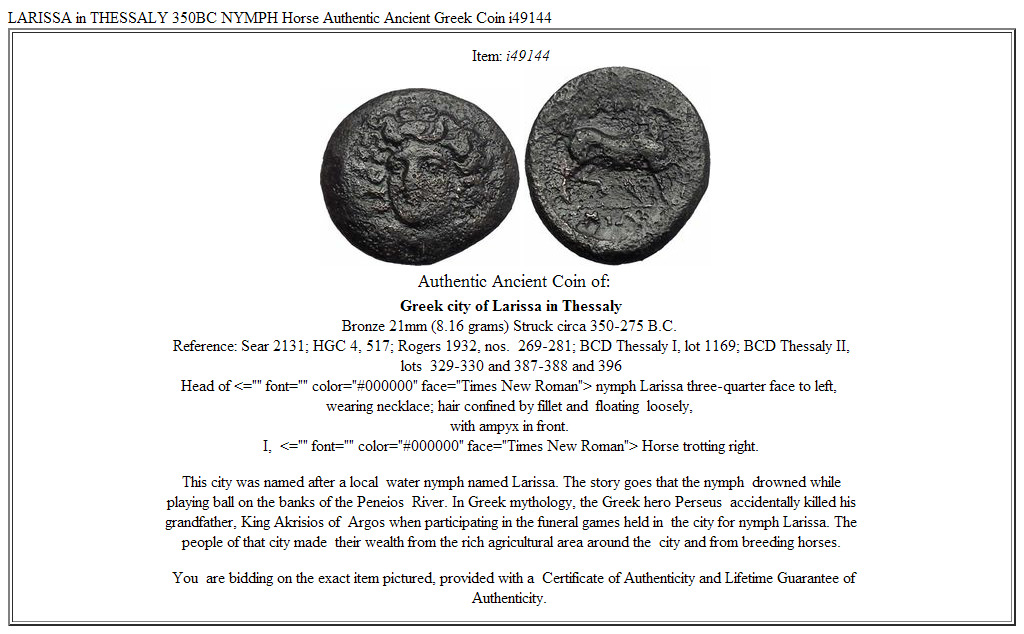 LARISSA in THESSALY 350BC NYMPH Horse Authentic Ancient Greek Coin i49144
