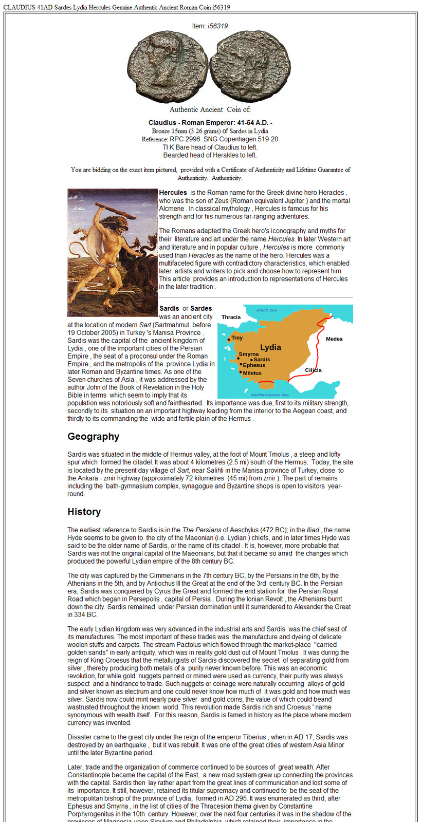 CLAUDIUS 41AD Sardes Lydia Hercules Genuine Authentic Ancient Roman Coin i56319