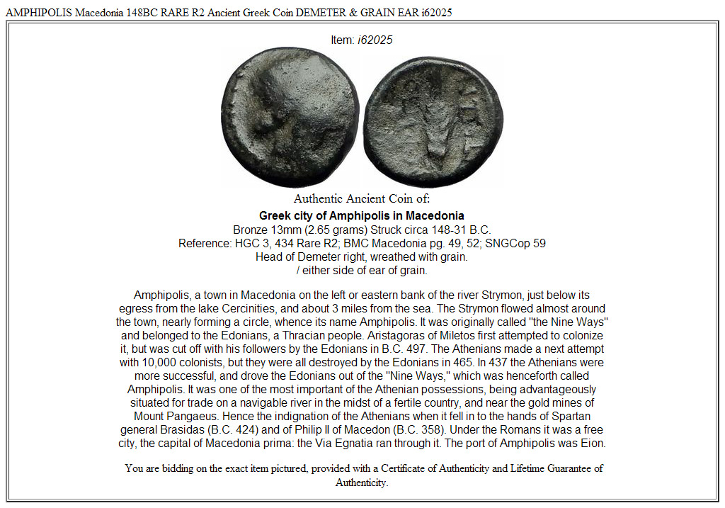 AMPHIPOLIS Macedonia 148BC RARE R2 Ancient Greek Coin DEMETER & GRAIN EAR i62025