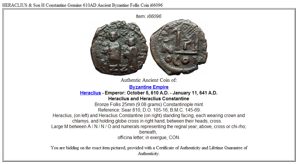 HERACLIUS & Son H Constantine Genuine 610AD Ancient Byzantine Follis Coin i66096