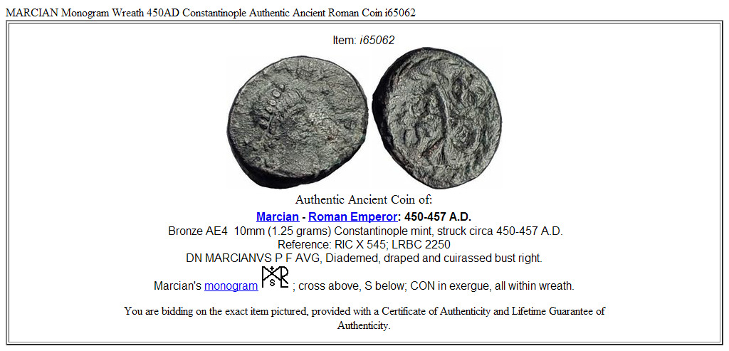 MARCIAN Monogram Wreath 450AD Constantinople Authentic Ancient Roman Coin i65062