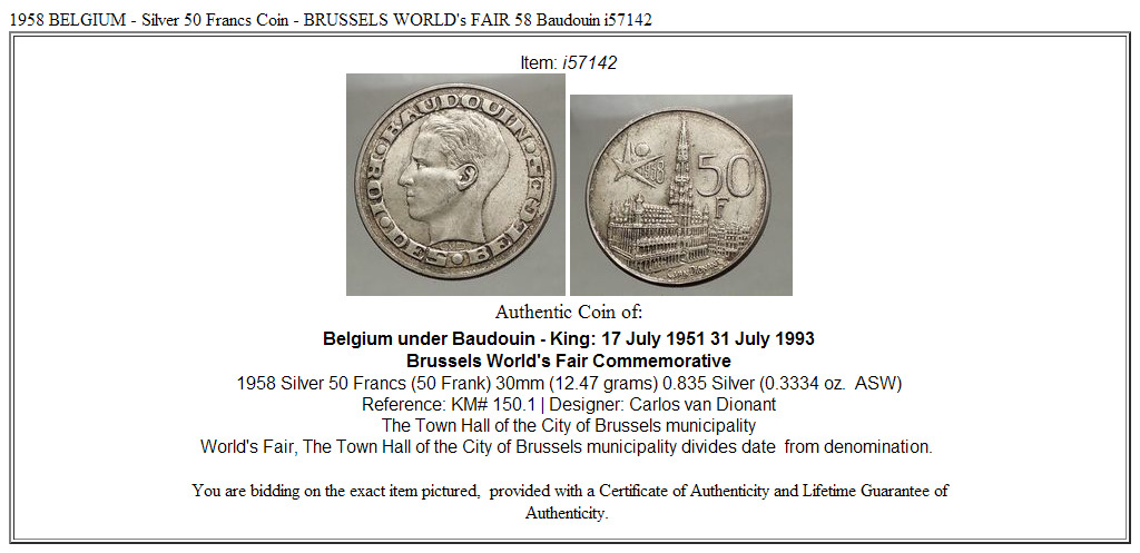 1958 BELGIUM - Silver 50 Francs Coin - BRUSSELS WORLD's FAIR 58 Baudouin i57142