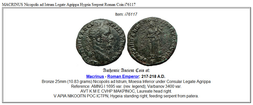 MACRINUS Nicopolis ad Istrum Legate Agrippa Hygeia Serpent Roman Coin i76117