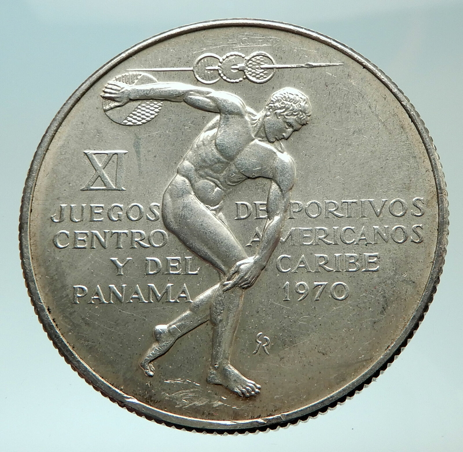 1970 PANAMA Olympic Style Games w GREEK DISC THROWER ATHLETE Silver Coin i75967
