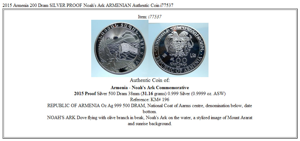 2015 Armenia 500 Dram SILVER PROOF Noah's Ark ARMENIAN Authentic Coin i77537