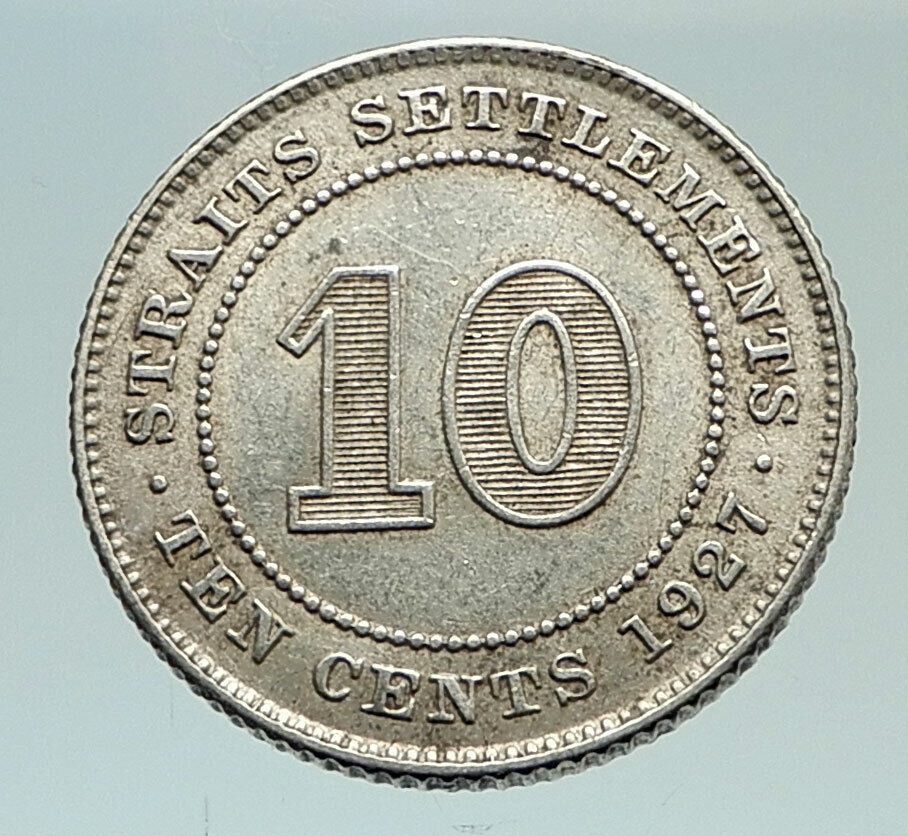 1927 STRAITS SETTLEMENTS UK King George V Genuine SILVER 10 CENTS Coin i77001