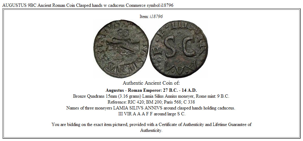 AUGUSTUS 9BC Ancient Roman Coin Clasped hands w caduceus Commerce symbol i18796