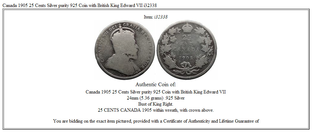 Canada 1905 25 Cents Silver purity 925 Coin with British King Edward VII i32338