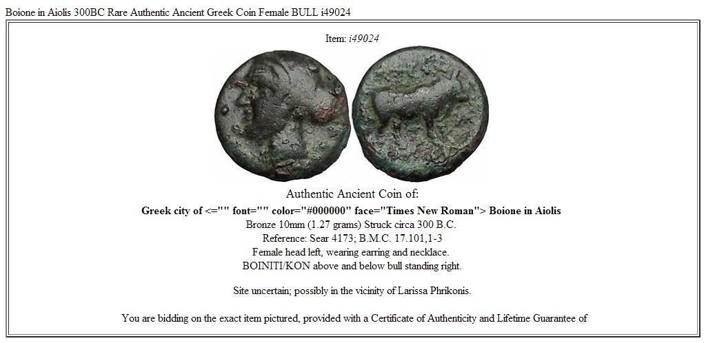 Boione in Aiolis 300BC Rare Authentic Ancient Greek Coin Female BULL i49024