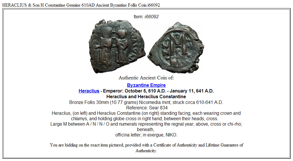 HERACLIUS & Son H Constantine Genuine 610AD Ancient Byzantine Follis Coin i66092