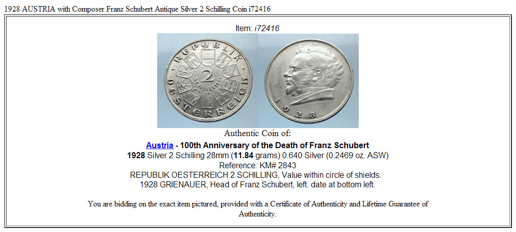 1928 AUSTRIA with Composer Franz Schubert Antique Silver 2 Schilling Coin i72416