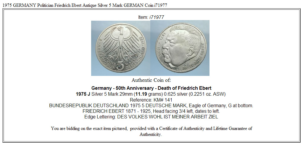 1975 GERMANY Politician Friedrich Ebert Antique Silver 5 Mark GERMAN Coin i71977