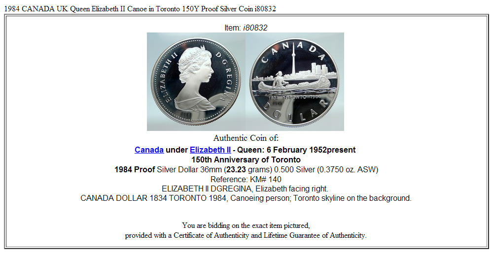 1984 CANADA UK Queen Elizabeth II Canoe in Toronto 150Y Proof Silver Coin i80832