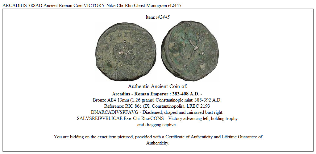 ARCADIUS 388AD Ancient Roman Coin VICTORY Nike Chi-Rho Christ Monogram i42445