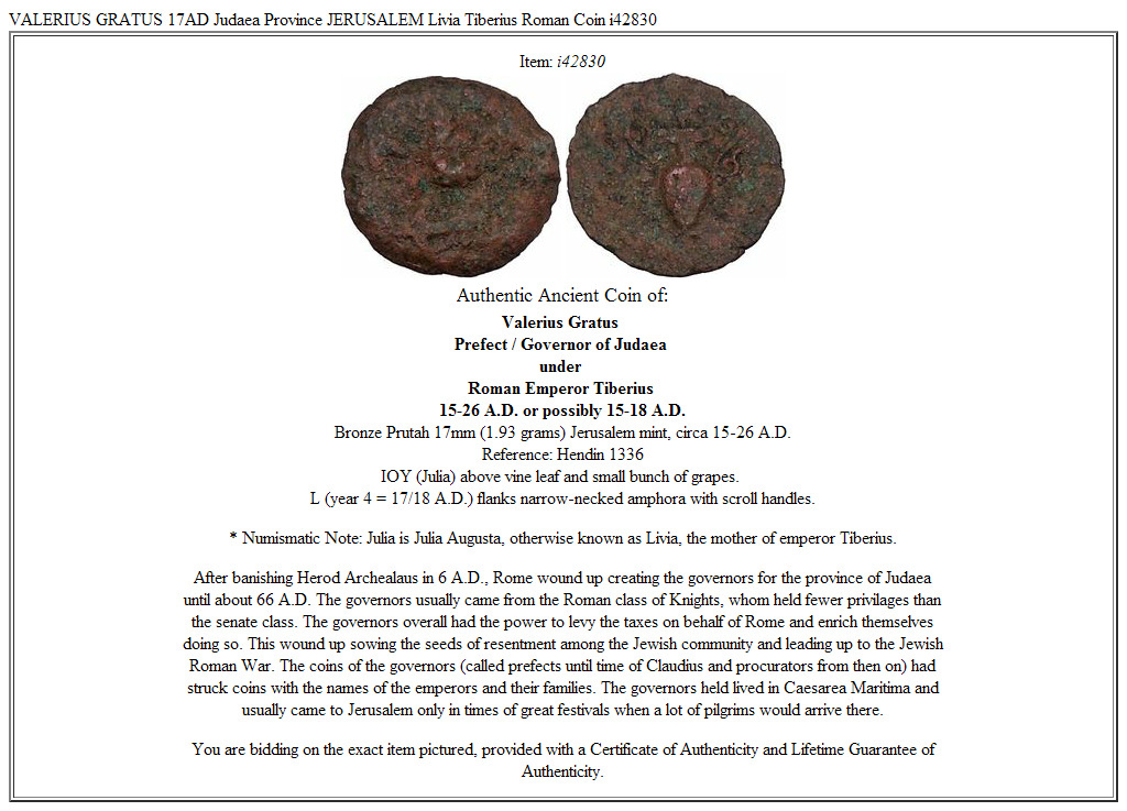 VALERIUS GRATUS 17AD Judaea Province JERUSALEM Livia Tiberius Roman Coin i42830