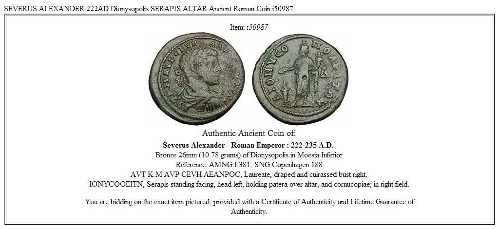 SEVERUS ALEXANDER 222AD Dionysopolis SERAPIS ALTAR Ancient Roman Coin i50987