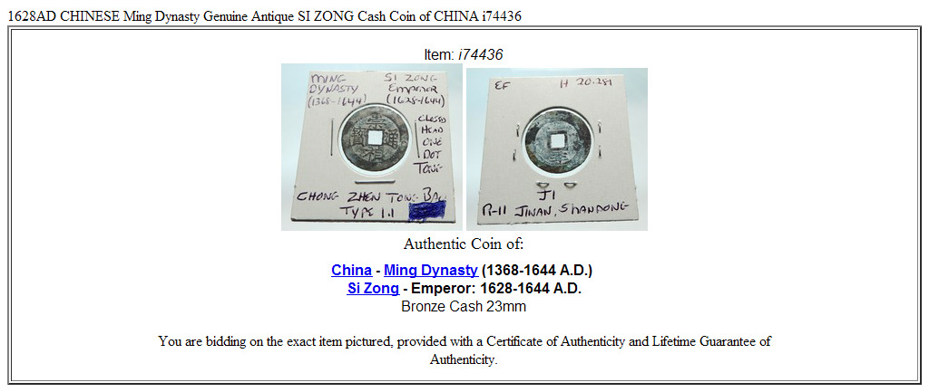 1628AD CHINESE Ming Dynasty Genuine Antique SI ZONG Cash Coin of CHINA i74436