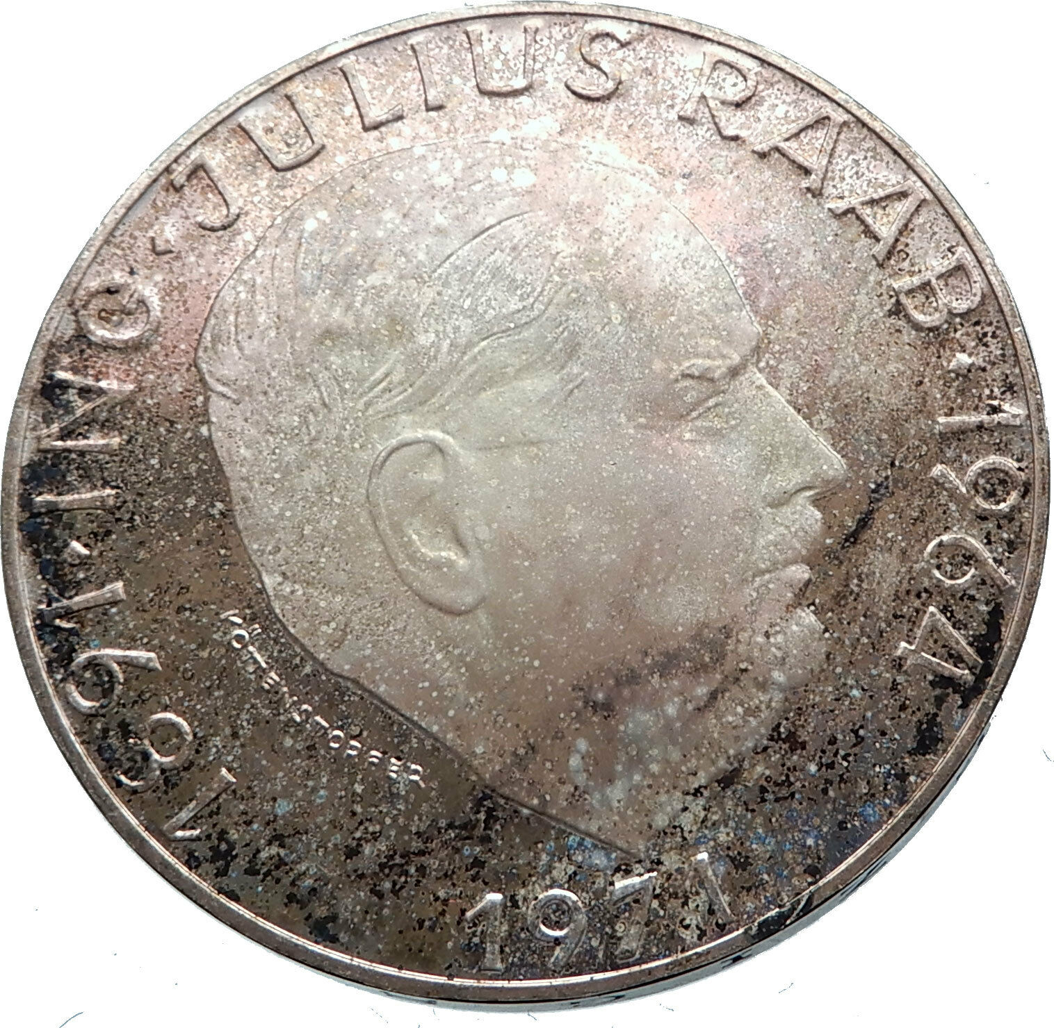 1971 AUSTRIA with Politician Julius Raab Antique Silver 50 Schilling Coin i72036