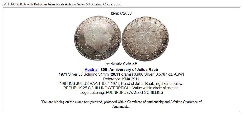 1971 AUSTRIA with Politician Julius Raab Antique Silver 50 Schilling Coin i72036