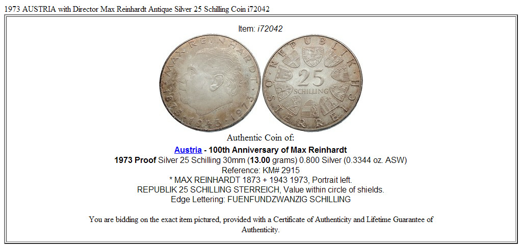 1973 AUSTRIA with Director Max Reinhardt Antique Silver 25 Schilling Coin i72042