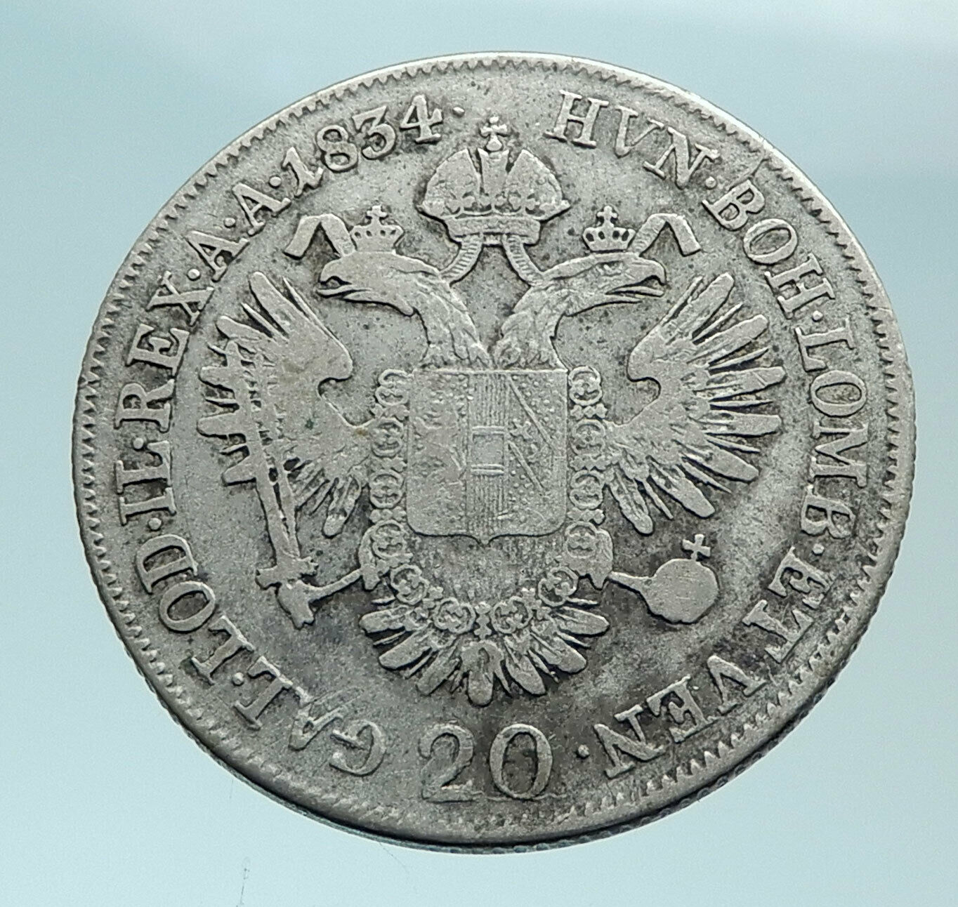 1834 A AUSTRIA Emperor Franz II Hapsburg Genuine Silver 20 Kreuzer Coin i79095