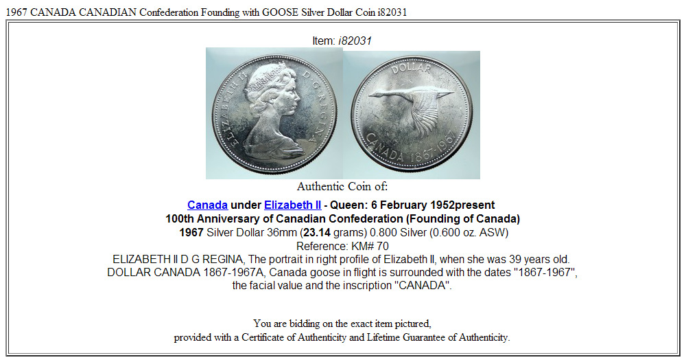 1967 CANADA CANADIAN Confederation Founding with GOOSE Silver Dollar Coin i82031