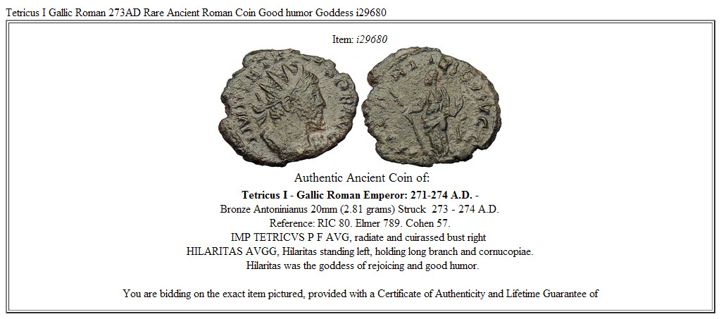 Tetricus I Gallic Roman 273AD Rare Ancient Roman Coin Good humor Goddess i29680